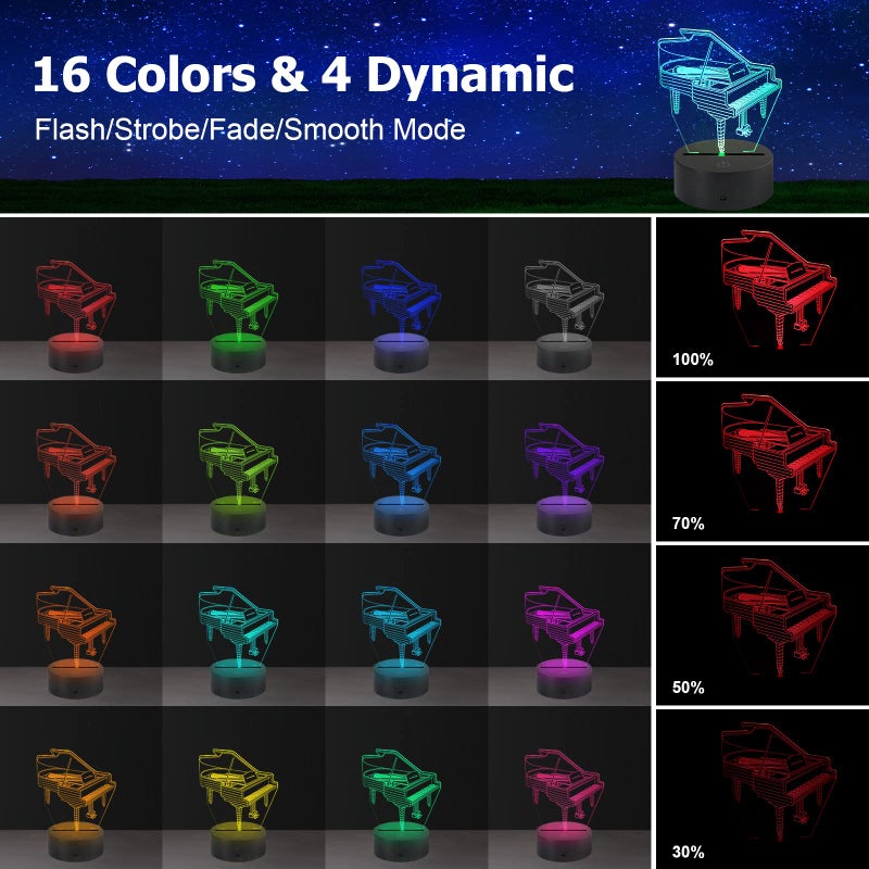 AZIMOM 3D Lamp Illusion Piano Night Light Decor 16Colors Changing Smart Touch Remote Control Optical Illusion Bedside Lamps Bedroom Home Decoration for Kids Boys & Girls Women Birthday Gifts - Image 2